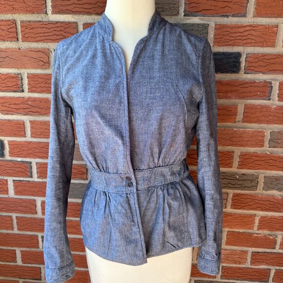 Eileen Fisher Blue Cotton Chambray Fitted Peplum 2-Button Jacket - Sml - Picture 2 of 5
